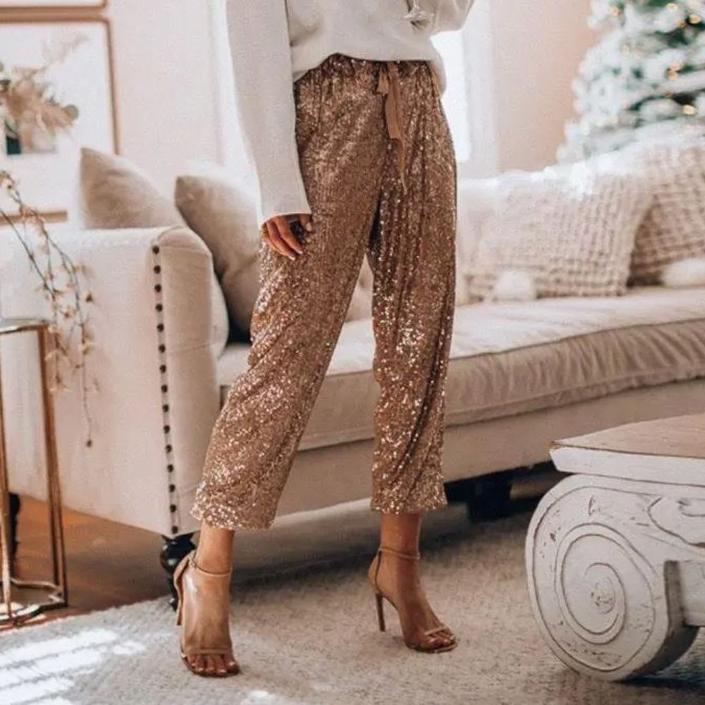 Women Sexy Glitter Sequin Pants High Waist Pant, Rose Gold, Size XL
